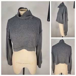 Free People Sz XS BK Crop Sweater Top Turtleneck Thumbholes Waffle Knit Thermal